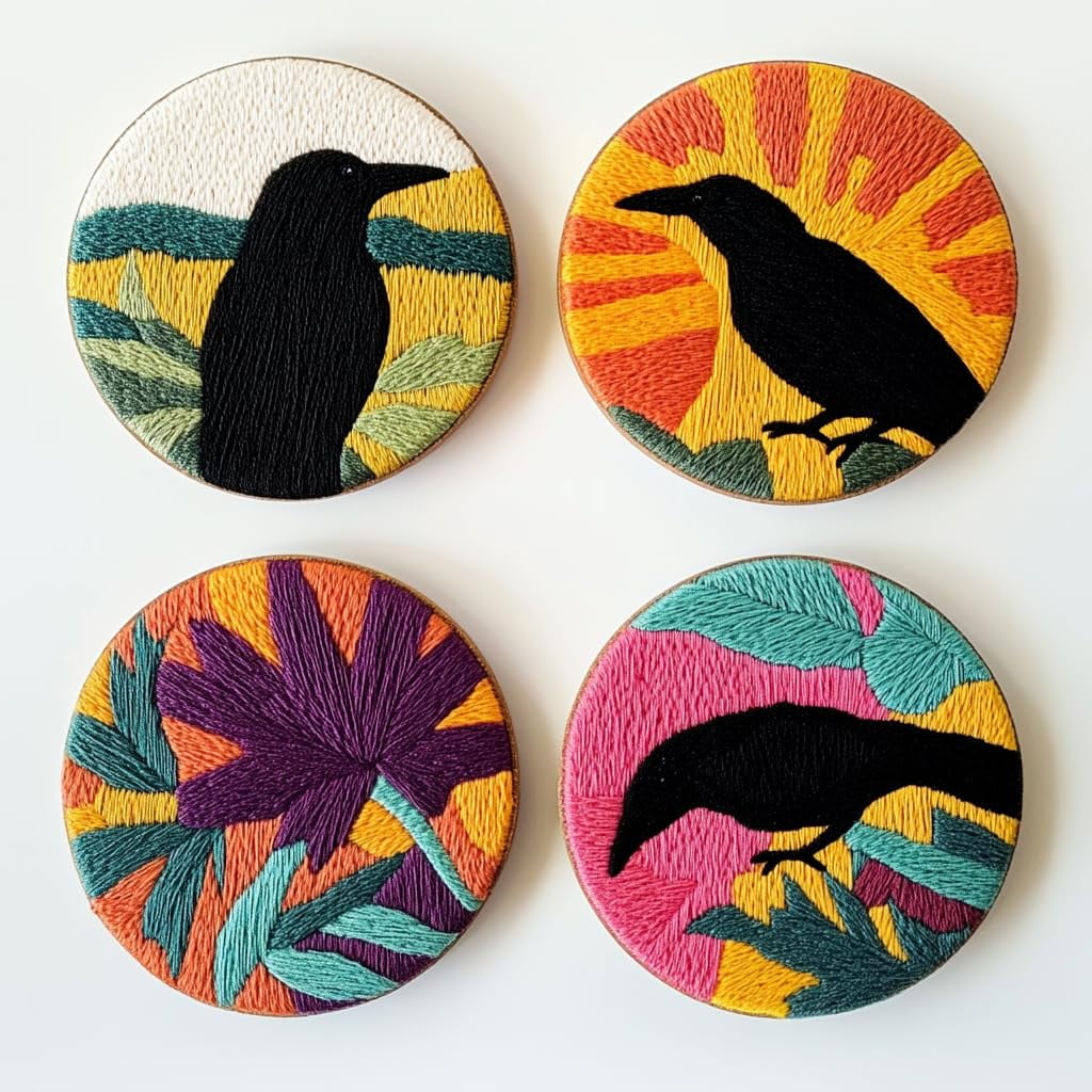4 Set DIY Punch Needle Coaster Kits Black Crow Sunset Easy for Beginners with Adhesive Felt Hoop Punch Needle Embroidery Starter Set with Pattern for Drink Cups Mat Home Decor-5
