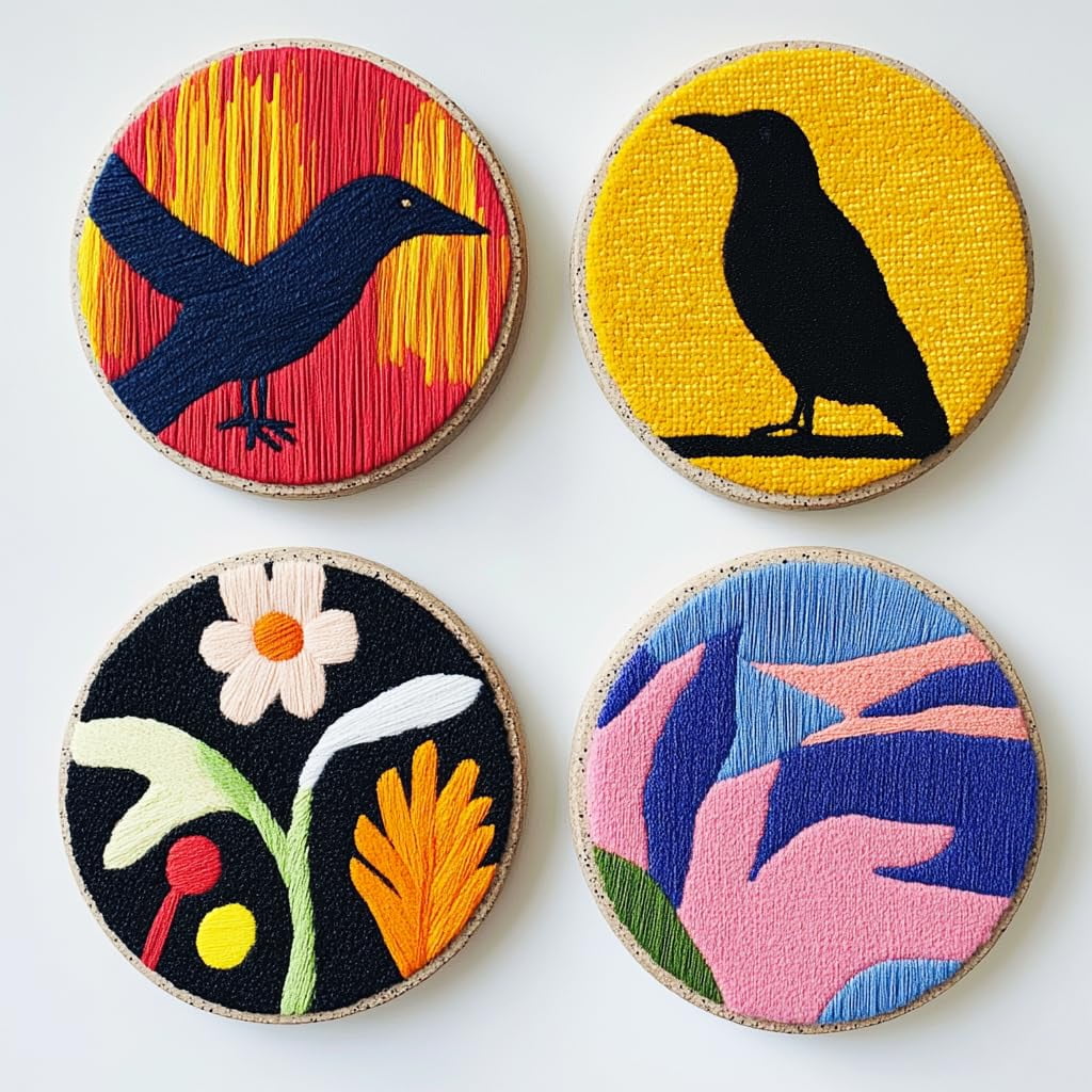 4 Set DIY Punch Needle Coaster Kits Black Crow Sunset Easy for Beginners with Adhesive Felt Hoop Punch Needle Embroidery Starter Set with Pattern for Drink Cups Mat Home Decor-4
