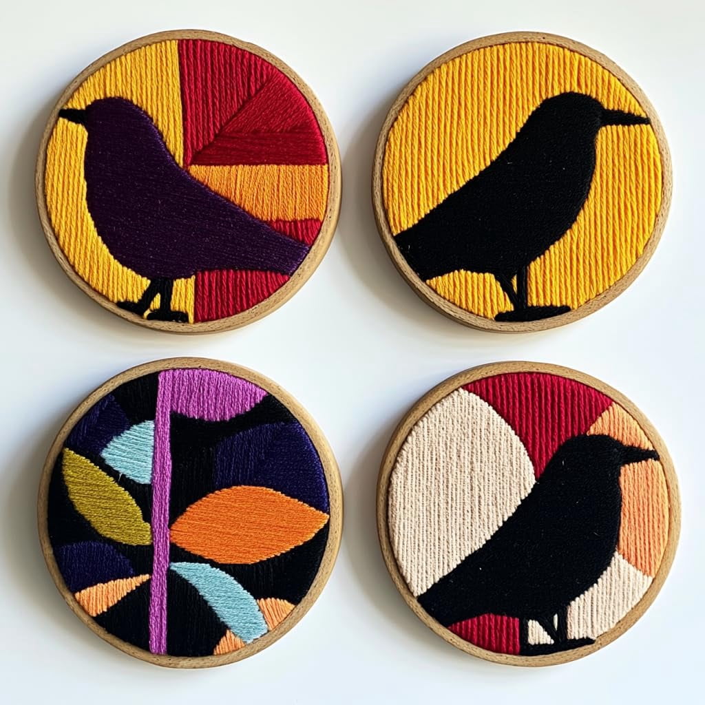 4 Set DIY Punch Needle Coaster Kits Black Crow Sunset Easy for Beginners with Adhesive Felt Hoop Punch Needle Embroidery Starter Set with Pattern for Drink Cups Mat Home Decor-6
