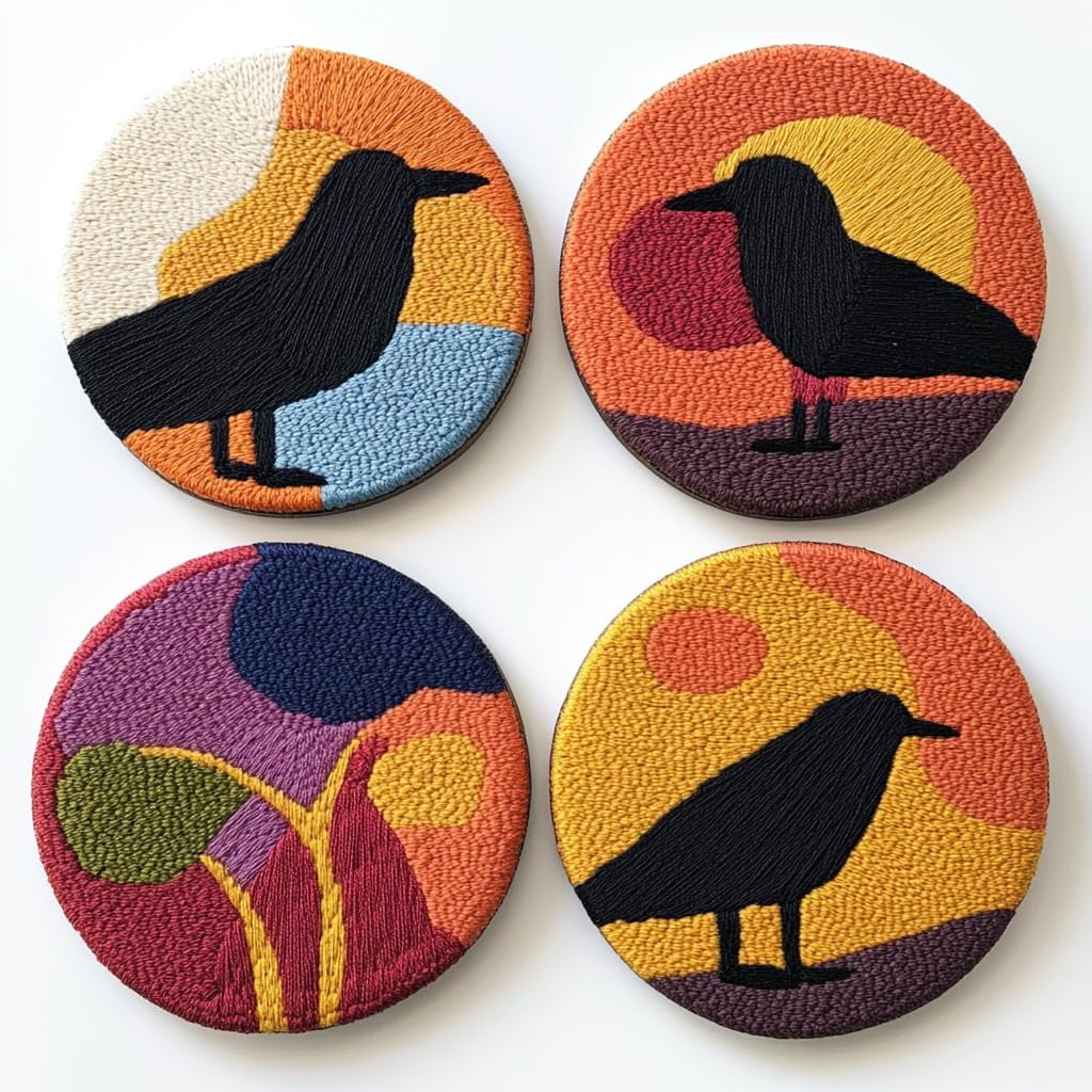 4 Set DIY Punch Needle Coaster Kits Black Crow Sunset Easy for Beginners with Adhesive Felt Hoop Punch Needle Embroidery Starter Set with Pattern for Drink Cups Mat Home Decor-3