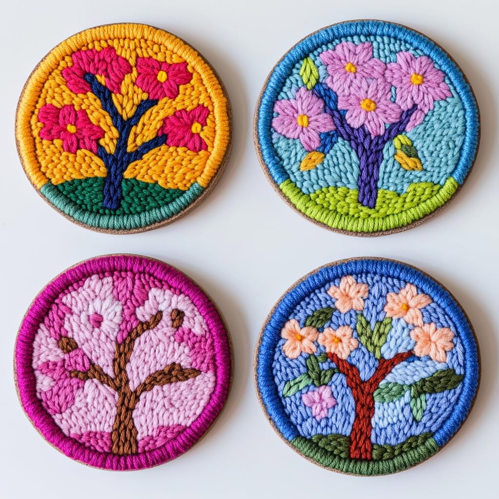 4 Set DIY Punch Needle Coaster Kits Blossom Cherry Flower Tree Easy for Beginners with Adhesive Felt Hoop Punch Needle Embroidery Starter Set with Pattern for Drink Cups Mat Home Decor-1