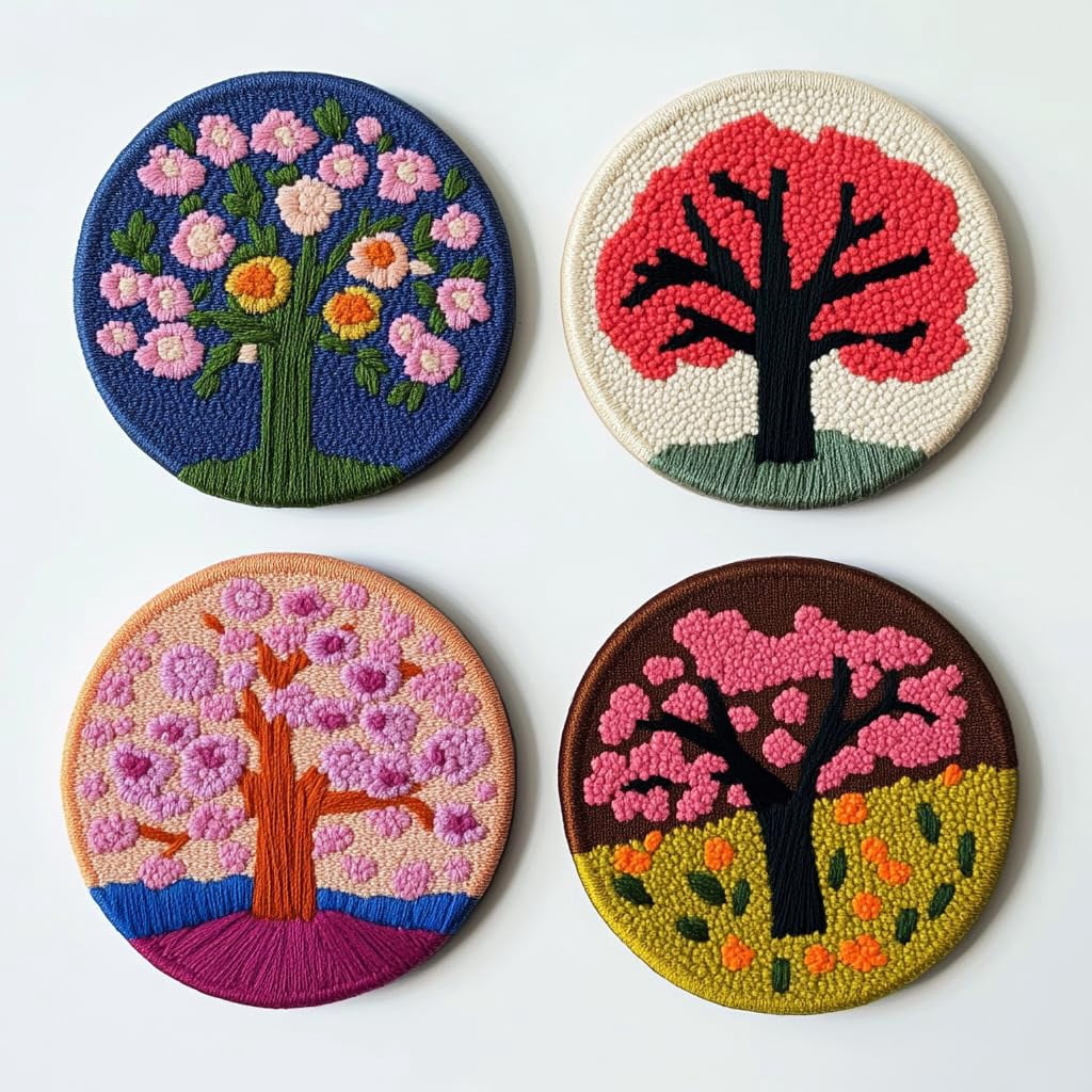 4 Set DIY Punch Needle Coaster Kits Blossom Cherry Flower Tree Easy for Beginners with Adhesive Felt Hoop Punch Needle Embroidery Starter Set with Pattern for Drink Cups Mat Home Decor-11