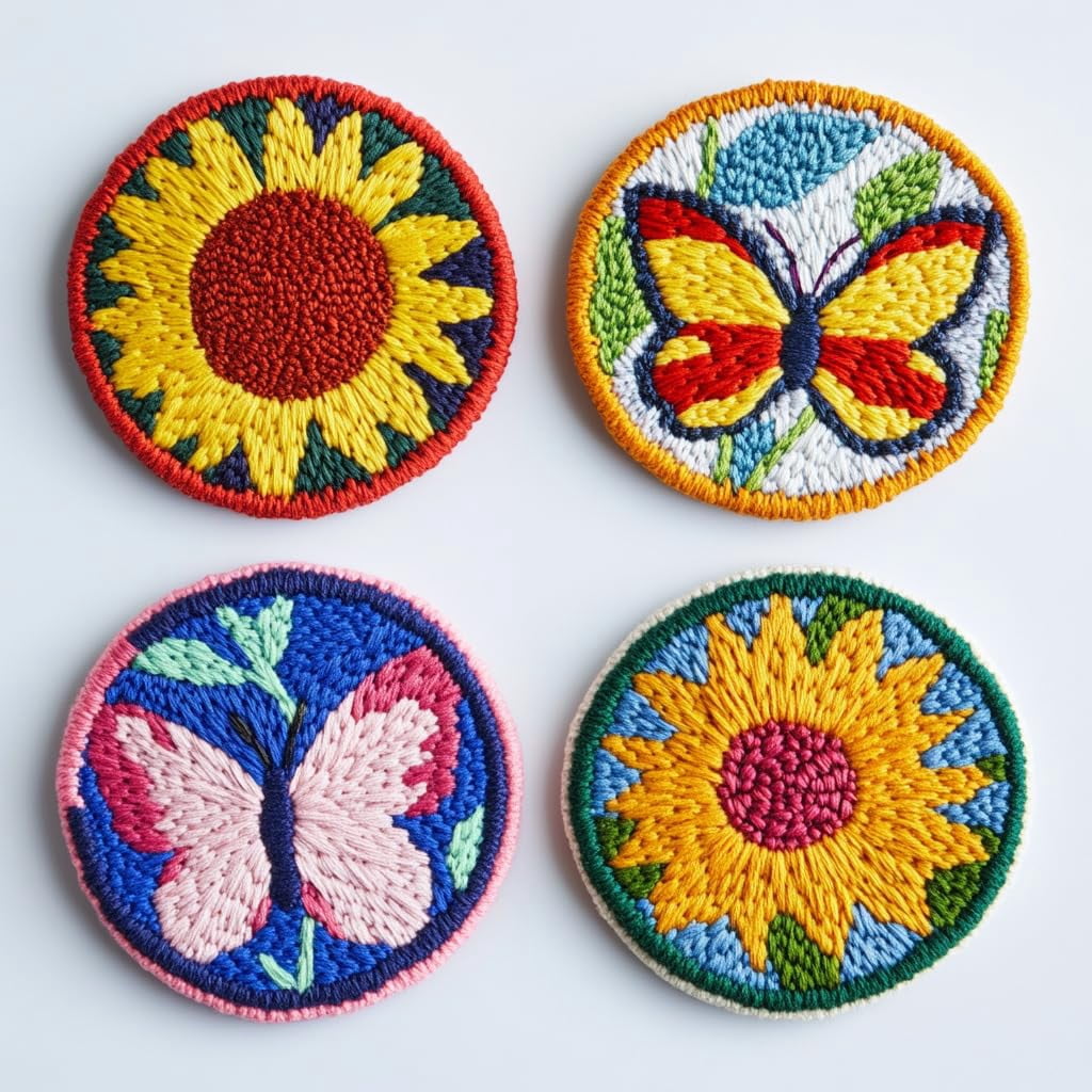 4 Set DIY Punch Needle Coaster Kits Butterfly and Sunflower Easy for Beginners with Adhesive Felt Hoop Punch Needle Embroidery Starter Set with Pattern for Drink Cups Mat Home Decor