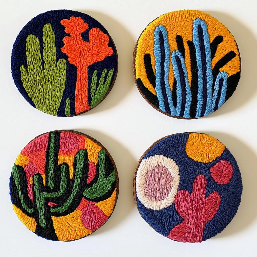 4 Set DIY Punch Needle Coaster Kits Cactus and Sunset Easy for Beginners with Adhesive Felt Hoop Punch Needle Embroidery Starter Set with Pattern for Drink Cups Mat Home Decor-16