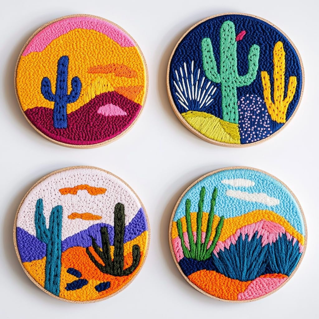 4 Set DIY Punch Needle Coaster Kits Cactus and Sunset Easy for Beginners with Adhesive Felt Hoop Punch Needle Embroidery Starter Set with Pattern for Drink Cups Mat Home Decor-3