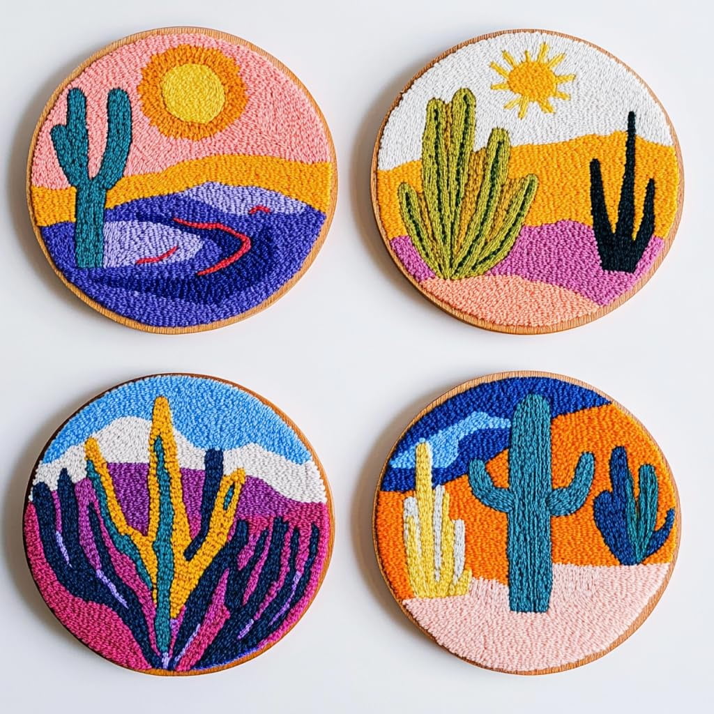 4 Set DIY Punch Needle Coaster Kits Cactus and Sunset Easy for Beginners with Adhesive Felt Hoop Punch Needle Embroidery Starter Set with Pattern for Drink Cups Mat Home Decor-9