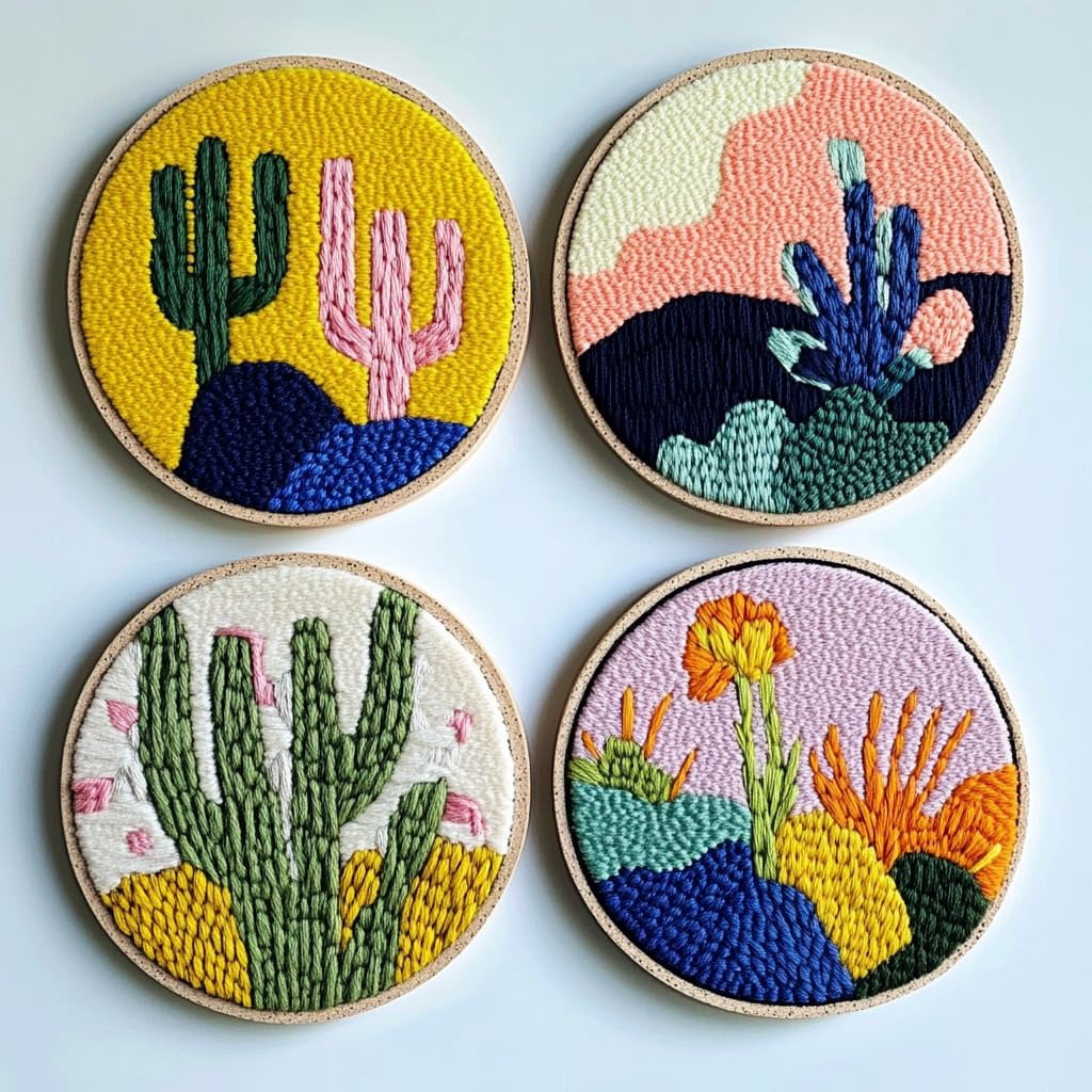 4 Set DIY Punch Needle Coaster Kits Cactus and Sunset Easy for Beginners with Adhesive Felt Hoop Punch Needle Embroidery Starter Set with Pattern for Drink Cups Mat Home Decor-10