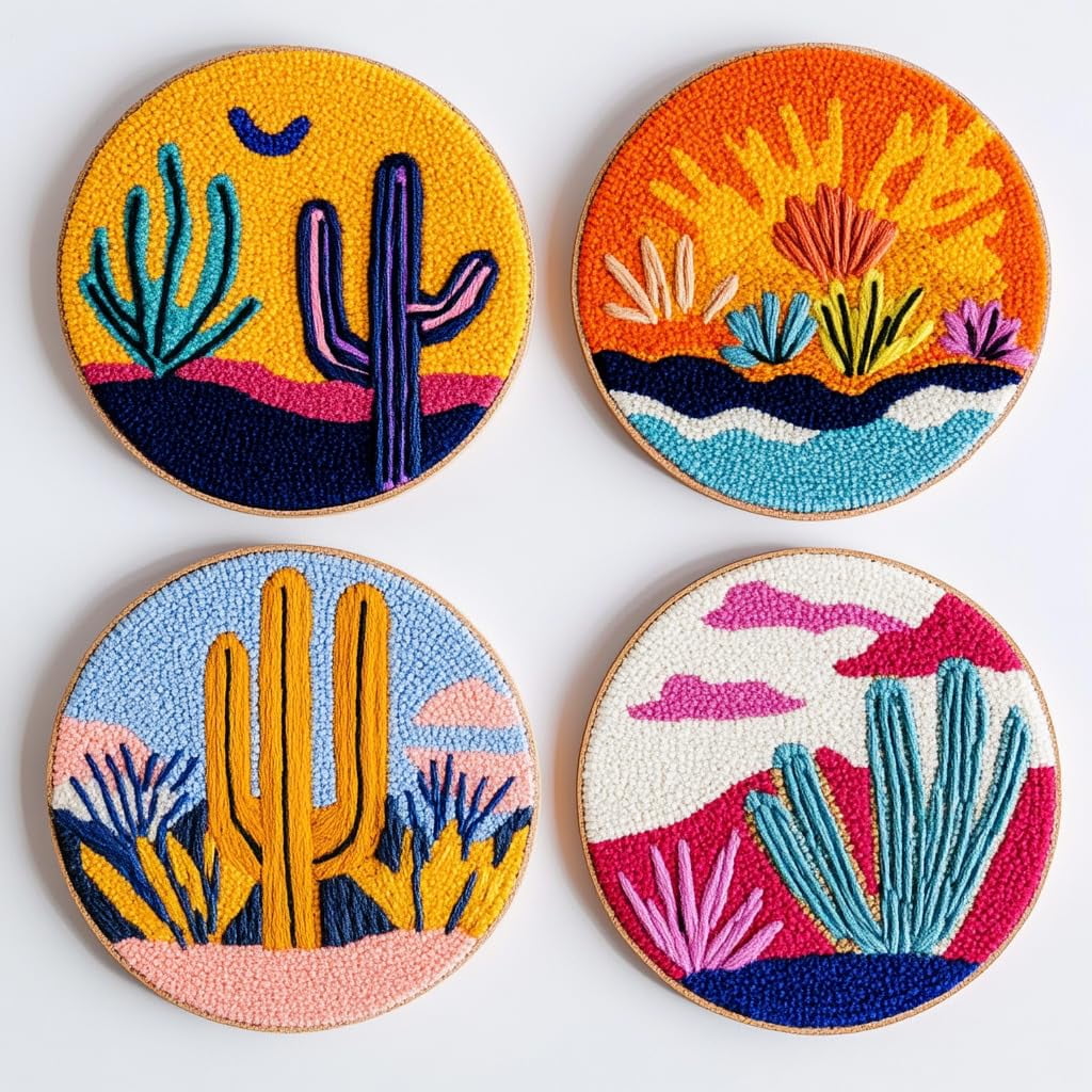 4 Set DIY Punch Needle Coaster Kits Cactus and Sunset Easy for Beginners with Adhesive Felt Hoop Punch Needle Embroidery Starter Set with Pattern for Drink Cups Mat Home Decor-2