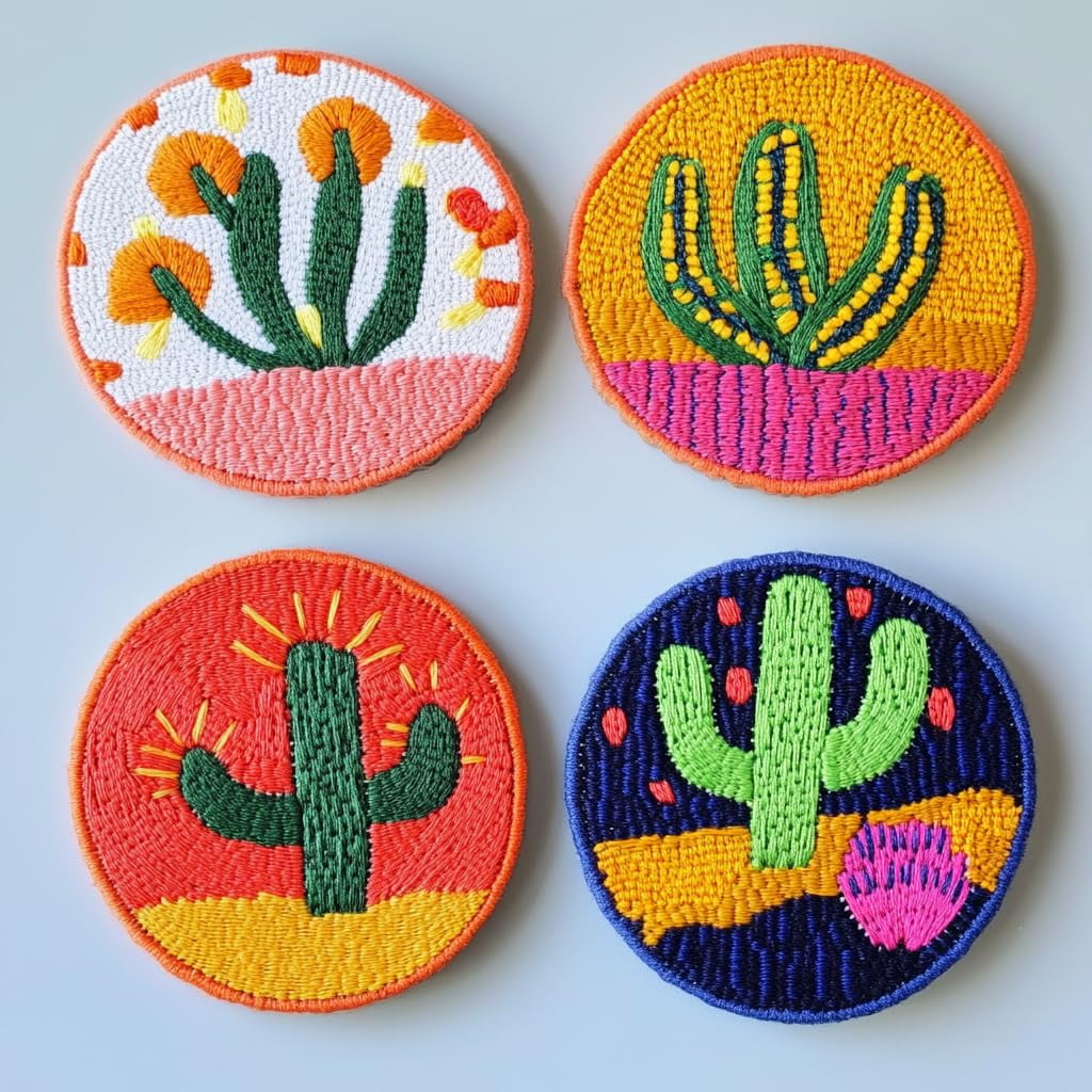 4 Set DIY Punch Needle Coaster Kits Cactus and Sunset Easy for Beginners with Adhesive Felt Hoop Punch Needle Embroidery Starter Set with Pattern for Drink Cups Mat Home Decor-14