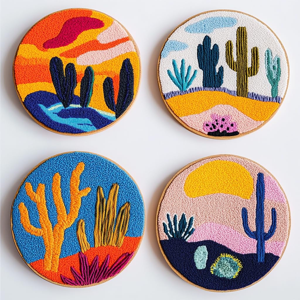 4 Set DIY Punch Needle Coaster Kits Cactus and Sunset Easy for Beginners with Adhesive Felt Hoop Punch Needle Embroidery Starter Set with Pattern for Drink Cups Mat Home Decor-7