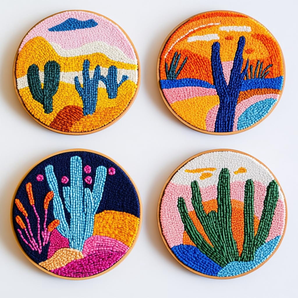 4 Set DIY Punch Needle Coaster Kits Cactus and Sunset Easy for Beginners with Adhesive Felt Hoop Punch Needle Embroidery Starter Set with Pattern for Drink Cups Mat Home Decor-6