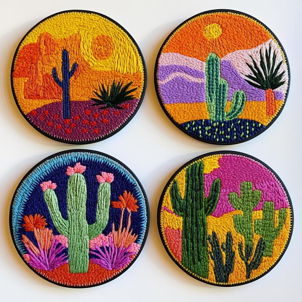 4 Set DIY Punch Needle Coaster Kits Cactus and Sunset Easy for Beginners with Adhesive Felt Hoop Punch Needle Embroidery Starter Set with Pattern for Drink Cups Mat Home Decor-5