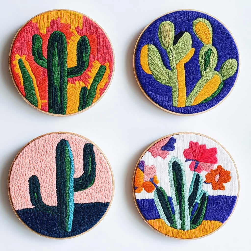4 Set DIY Punch Needle Coaster Kits Cactus and Sunset Easy for Beginners with Adhesive Felt Hoop Punch Needle Embroidery Starter Set with Pattern for Drink Cups Mat Home Decor-18