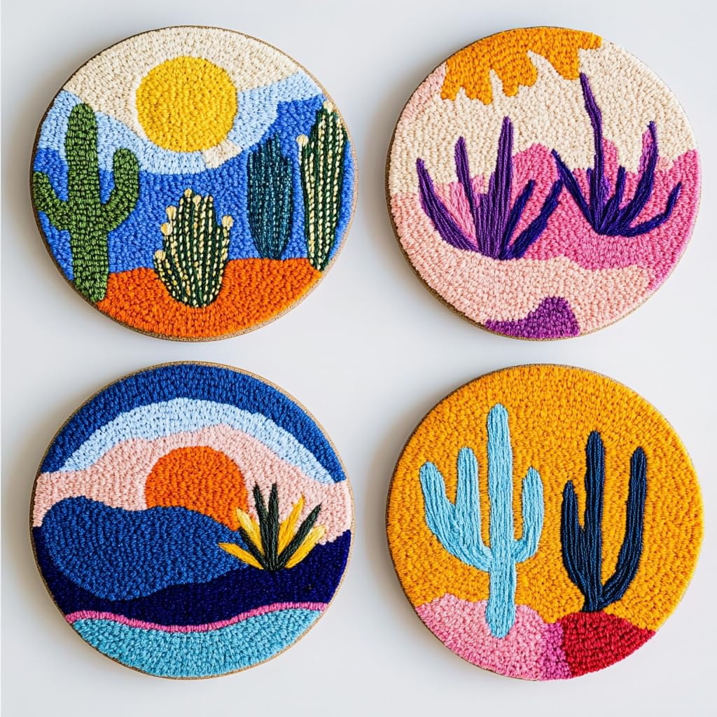 4 Set DIY Punch Needle Coaster Kits Cactus and Sunset Easy for Beginners with Adhesive Felt Hoop Punch Needle Embroidery Starter Set with Pattern for Drink Cups Mat Home Decor-13
