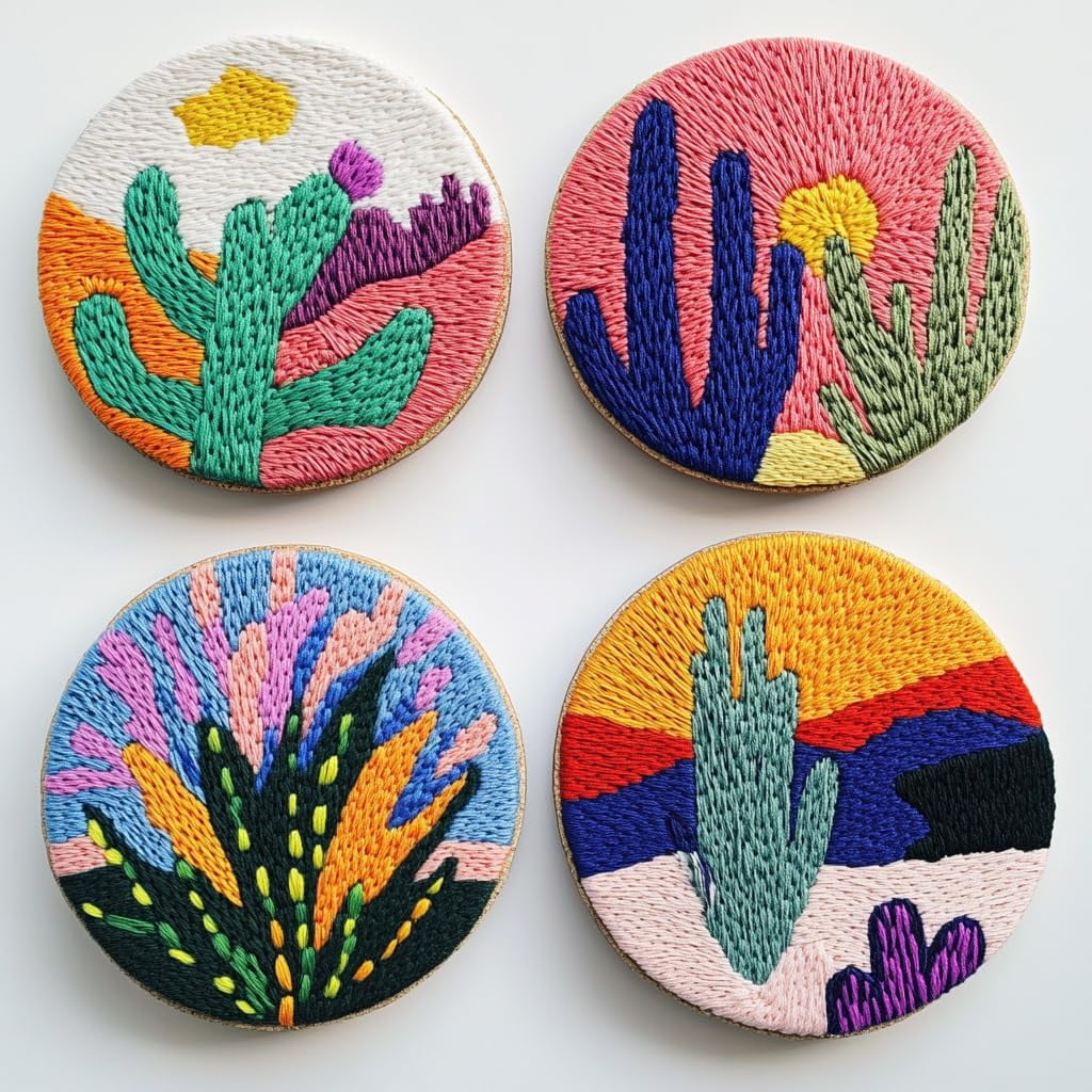 4 Set DIY Punch Needle Coaster Kits Cactus and Sunset Easy for Beginners with Adhesive Felt Hoop Punch Needle Embroidery Starter Set with Pattern for Drink Cups Mat Home Decor-4
