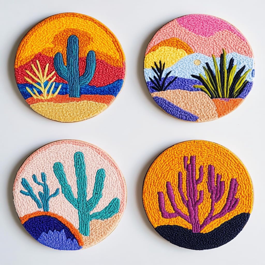 4 Set DIY Punch Needle Coaster Kits Cactus and Sunset Easy for Beginners with Adhesive Felt Hoop Punch Needle Embroidery Starter Set with Pattern for Drink Cups Mat Home Decor-15