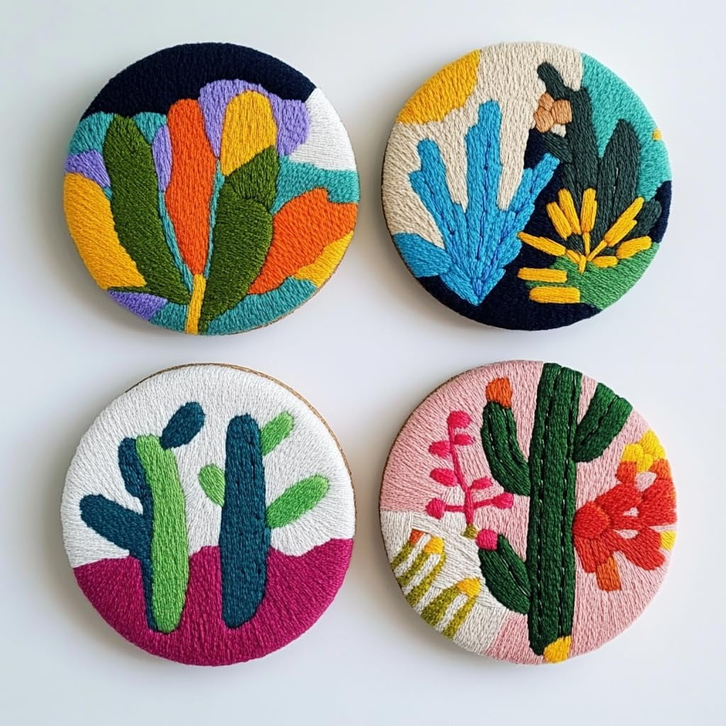 4 Set DIY Punch Needle Coaster Kits Cactus and Sunset Easy for Beginners with Adhesive Felt Hoop Punch Needle Embroidery Starter Set with Pattern for Drink Cups Mat Home Decor-17