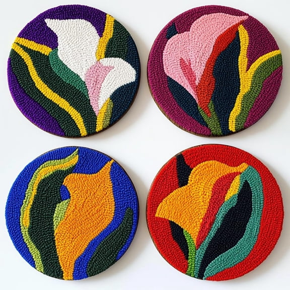 4 Set DIY Punch Needle Coaster Kits Calla Lily Flower Easy for Beginners with Adhesive Felt Hoop Punch Needle Embroidery Starter Set with Pattern for Drink Cups Mat Home Decor