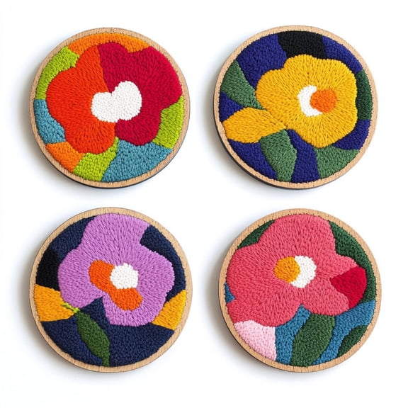 4 Set DIY Punch Needle Coaster Kits Camellia Flower Easy for Beginners with Adhesive Felt Hoop Punch Needle Embroidery Starter Set with Pattern for Drink Cups Mat Home Decor-2