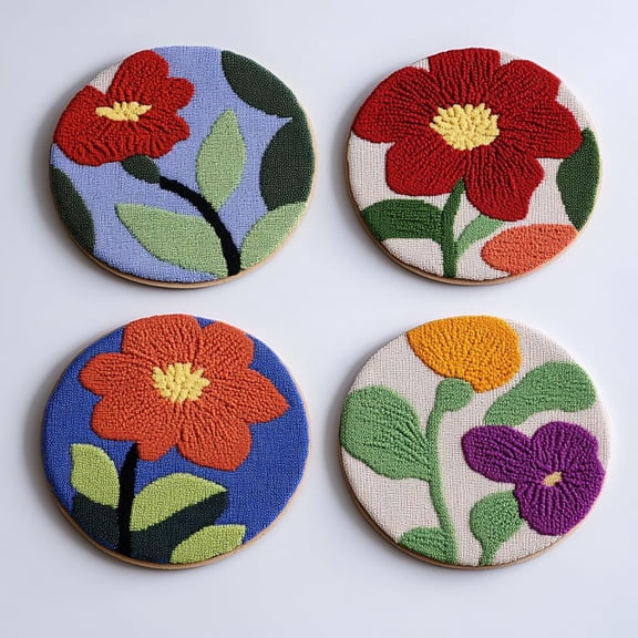 4 Set DIY Punch Needle Coaster Kits Camellia Flower Easy for Beginners with Adhesive Felt Hoop Punch Needle Embroidery Starter Set with Pattern for Drink Cups Mat Home Decor-3
