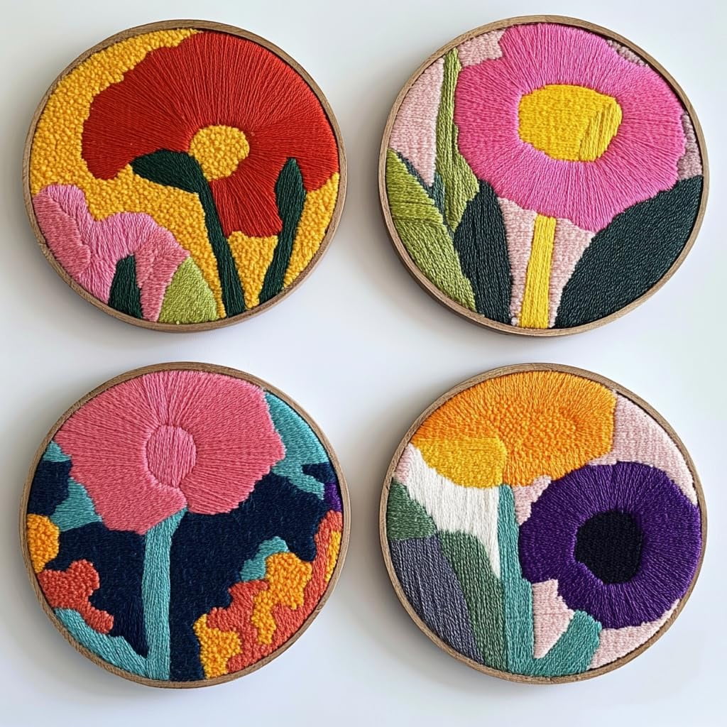 4 Set DIY Punch Needle Coaster Kits Carnation Flower Easy for Beginners with Adhesive Felt Hoop Punch Needle Embroidery Starter Set with Pattern for Drink Cups Mat Home Decor-2