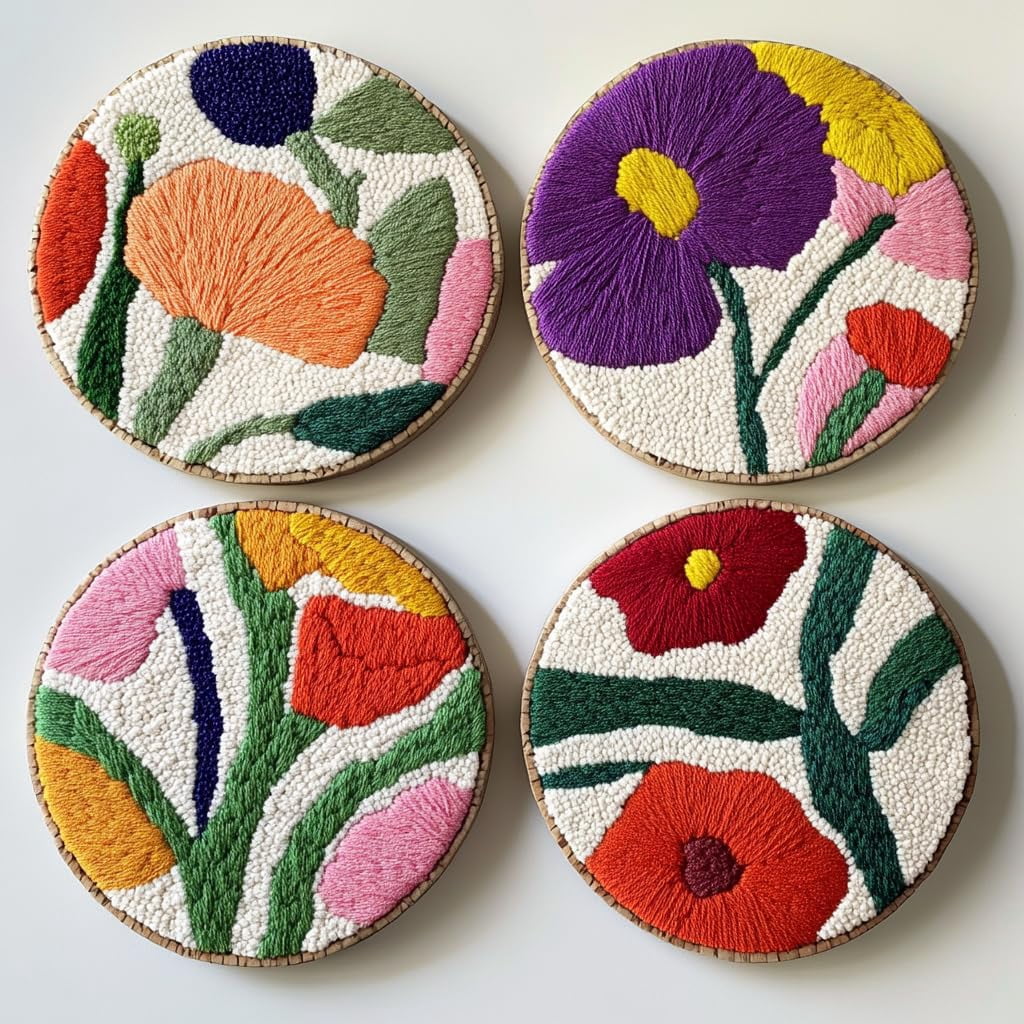4 Set DIY Punch Needle Coaster Kits Carnation Flower Easy for Beginners with Adhesive Felt Hoop Punch Needle Embroidery Starter Set with Pattern for Drink Cups Mat Home Decor-3