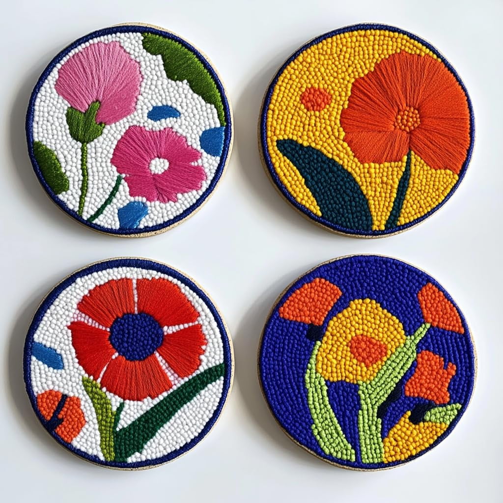 4 Set DIY Punch Needle Coaster Kits Carnation Flower Easy for Beginners with Adhesive Felt Hoop Punch Needle Embroidery Starter Set with Pattern for Drink Cups Mat Home Decor-1