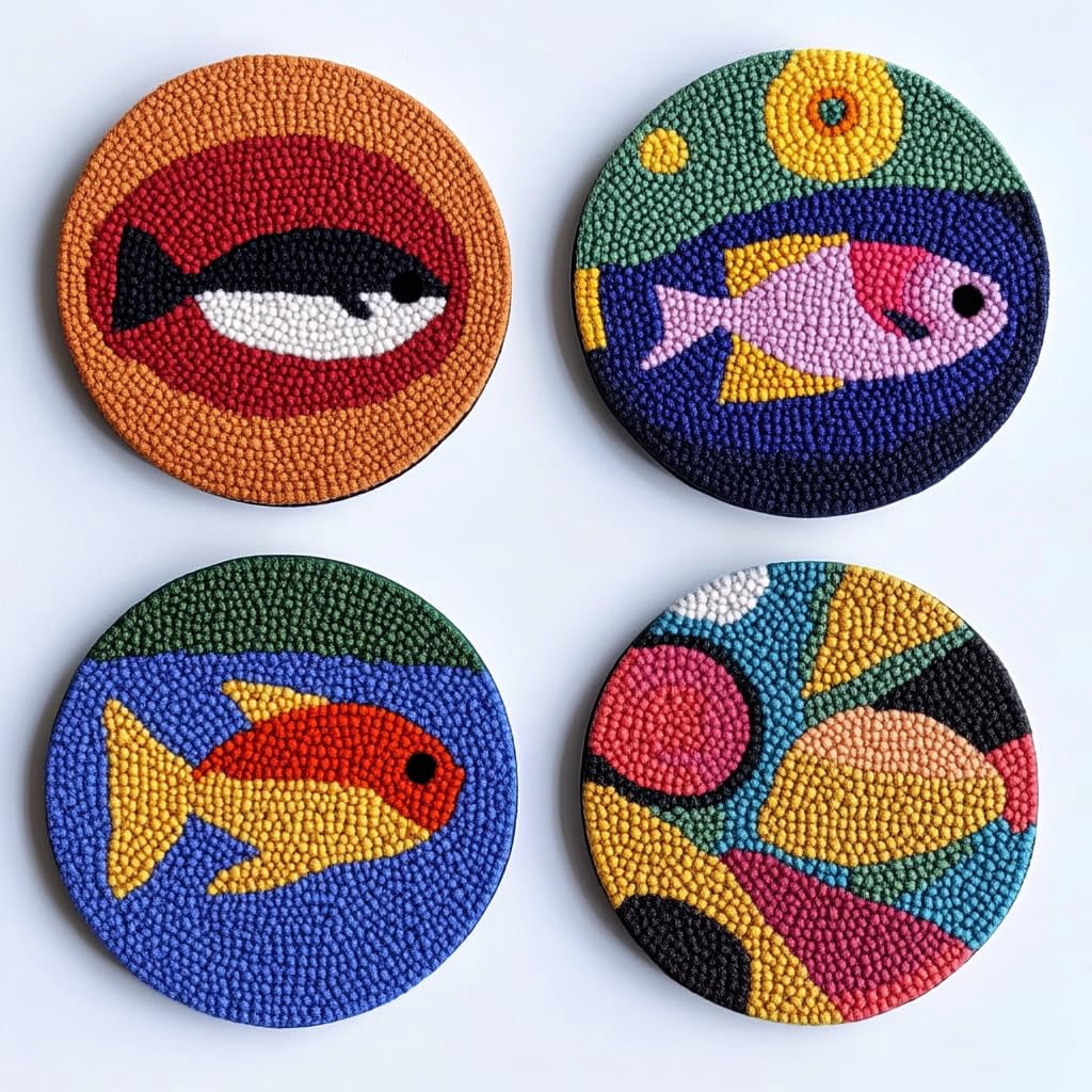 4 Set DIY Punch Needle Coaster Kits Cartoon Bass Fish Easy for Beginners with Adhesive Felt Hoop Punch Needle Embroidery Starter Set with Pattern for Drink Cups Mat Home Decor-10