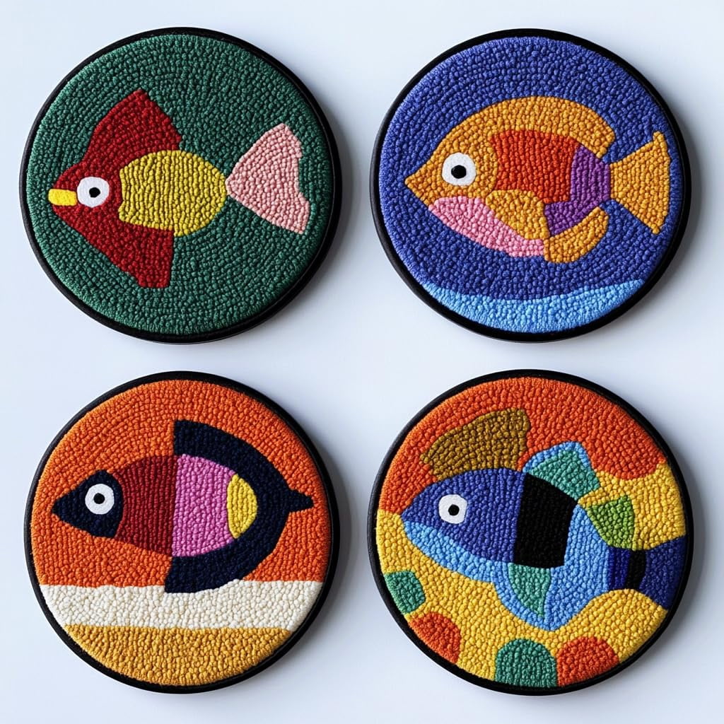 4 Set DIY Punch Needle Coaster Kits Cartoon Bass Fish Easy for Beginners with Adhesive Felt Hoop Punch Needle Embroidery Starter Set with Pattern for Drink Cups Mat Home Decor-6