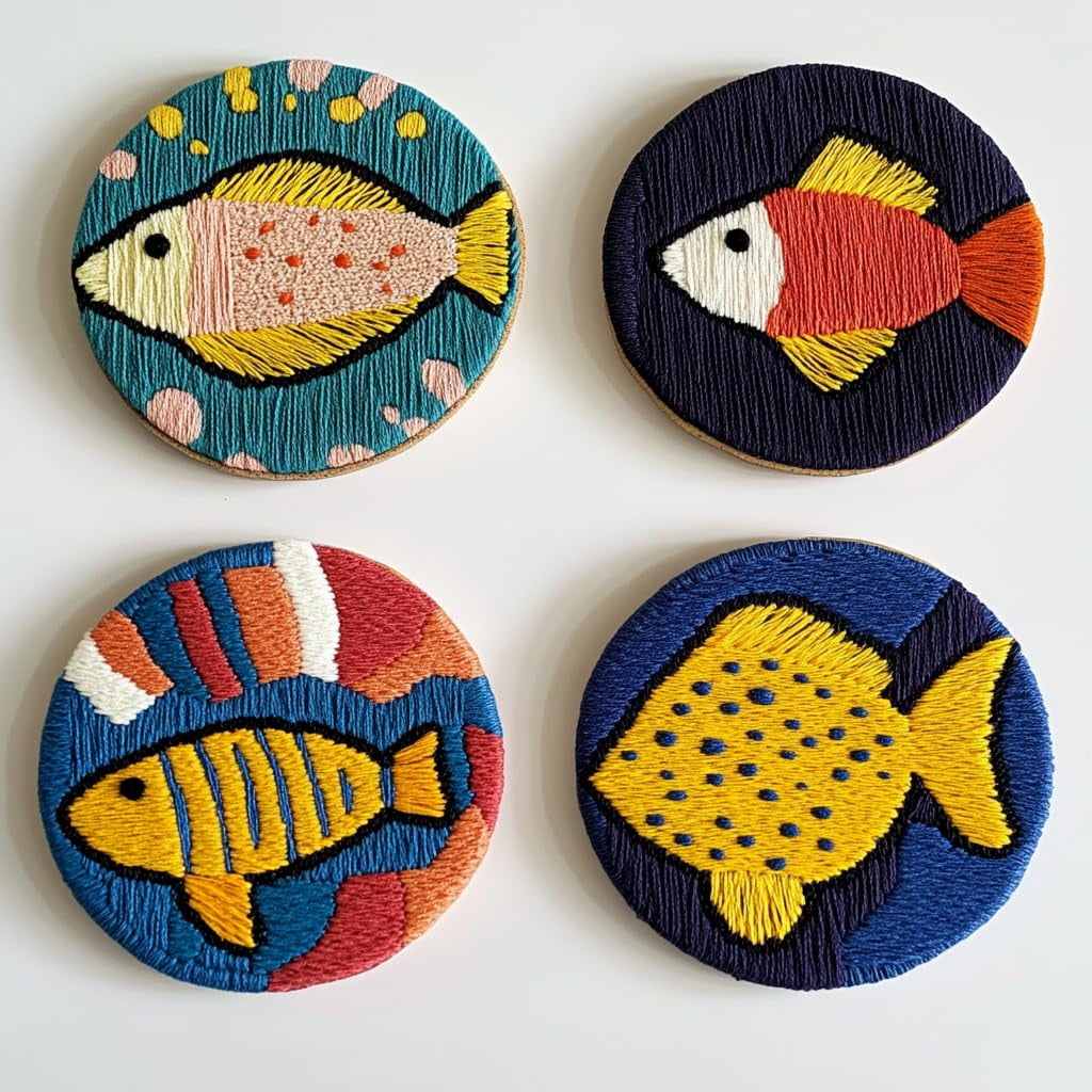 4 Set DIY Punch Needle Coaster Kits Cartoon Bass Fish Easy for Beginners with Adhesive Felt Hoop Punch Needle Embroidery Starter Set with Pattern for Drink Cups Mat Home Decor-1