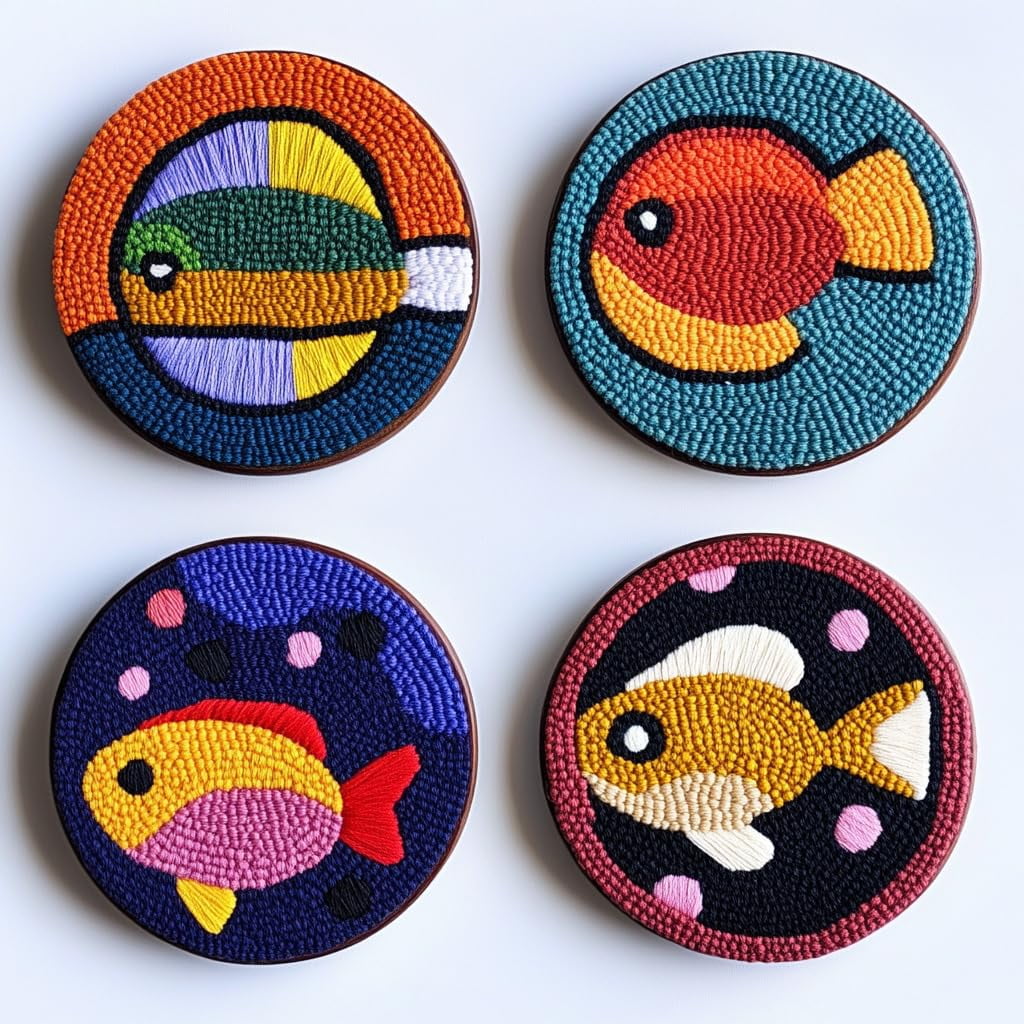 4 Set DIY Punch Needle Coaster Kits Cartoon Bass Fish Easy for Beginners with Adhesive Felt Hoop Punch Needle Embroidery Starter Set with Pattern for Drink Cups Mat Home Decor-9