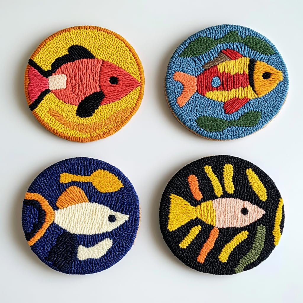 4 Set DIY Punch Needle Coaster Kits Cartoon Bass Fish Easy for Beginners with Adhesive Felt Hoop Punch Needle Embroidery Starter Set with Pattern for Drink Cups Mat Home Decor-11