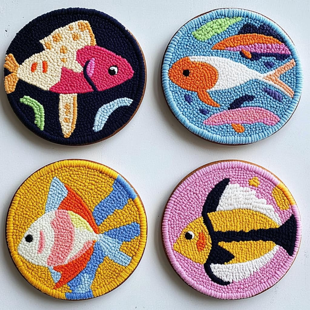 4 Set DIY Punch Needle Coaster Kits Cartoon Bass Fish Easy for Beginners with Adhesive Felt Hoop Punch Needle Embroidery Starter Set with Pattern for Drink Cups Mat Home Decor-3