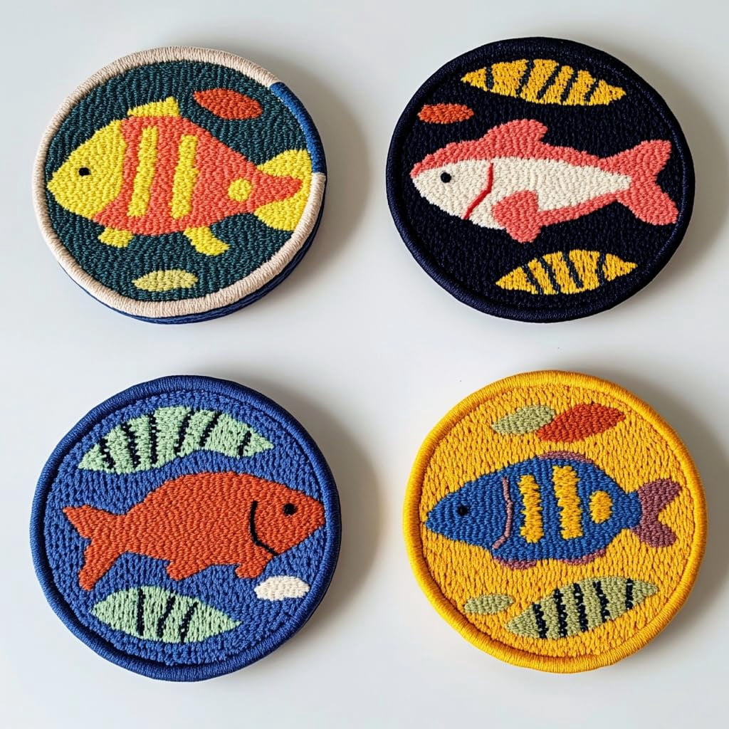 4 Set DIY Punch Needle Coaster Kits Cartoon Bass Fish Easy for Beginners with Adhesive Felt Hoop Punch Needle Embroidery Starter Set with Pattern for Drink Cups Mat Home Decor-4