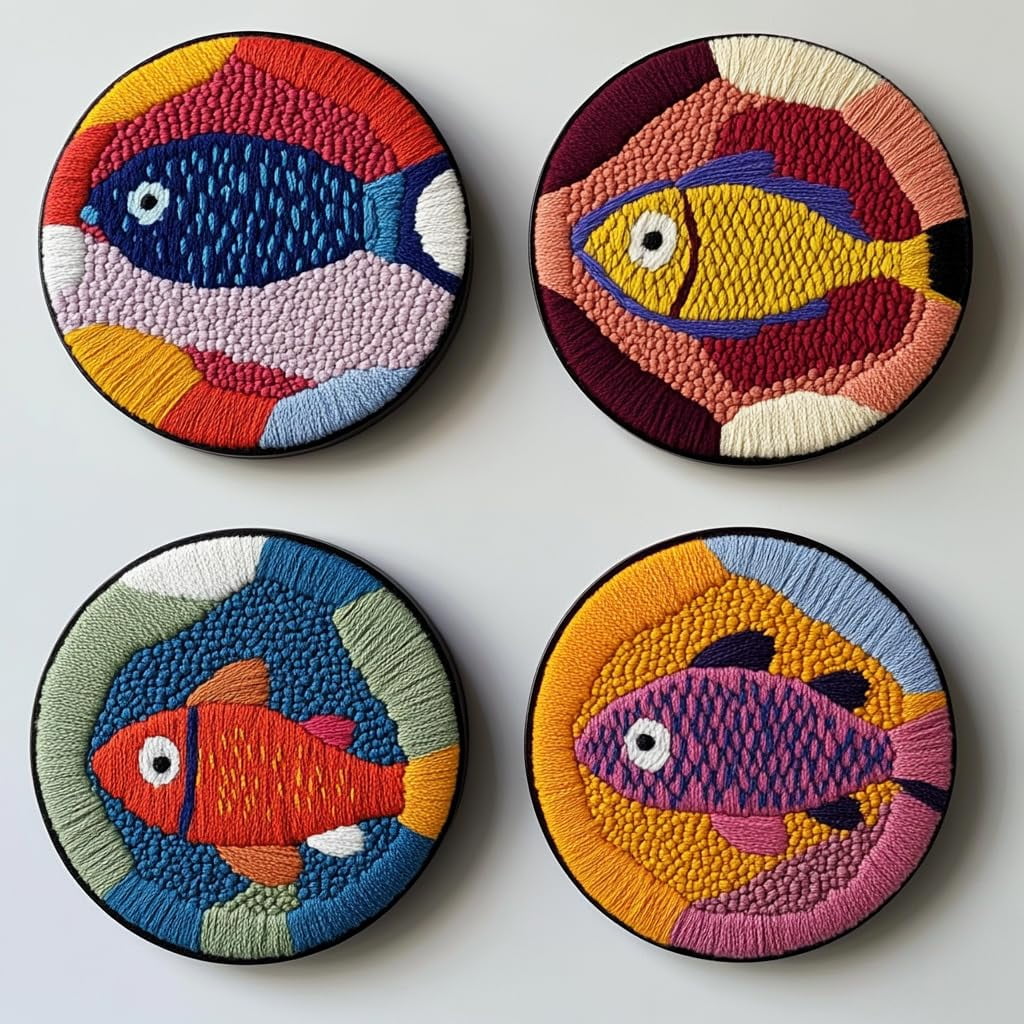 4 Set DIY Punch Needle Coaster Kits Cartoon Bass Fish Easy for Beginners with Adhesive Felt Hoop Punch Needle Embroidery Starter Set with Pattern for Drink Cups Mat Home Decor-2