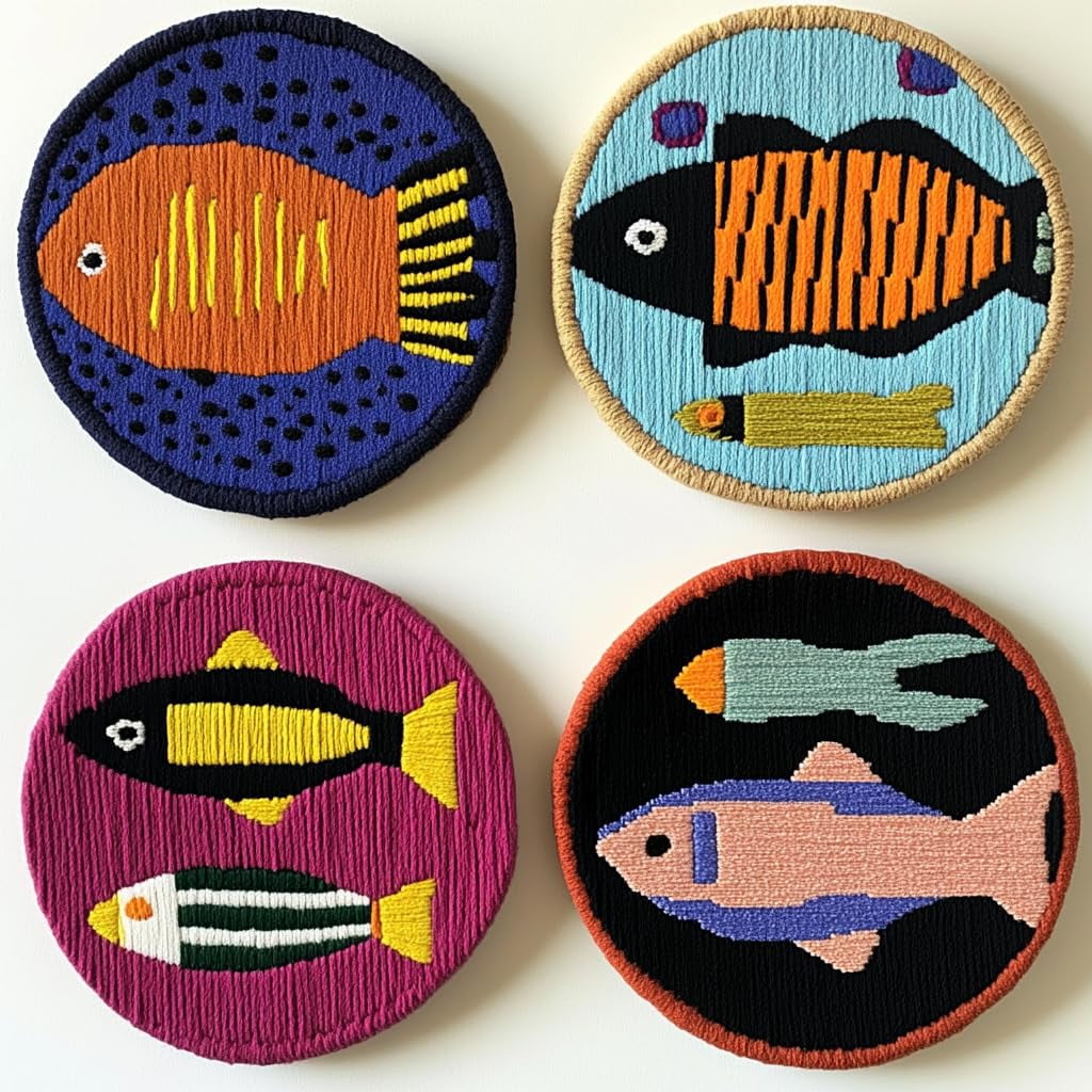 4 Set DIY Punch Needle Coaster Kits Cartoon Bass Fish Easy for Beginners with Adhesive Felt Hoop Punch Needle Embroidery Starter Set with Pattern for Drink Cups Mat Home Decor-7
