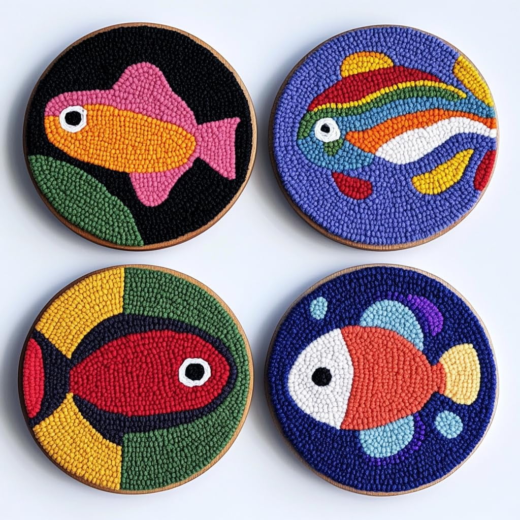 4 Set DIY Punch Needle Coaster Kits Cartoon Bass Fish Easy for Beginners with Adhesive Felt Hoop Punch Needle Embroidery Starter Set with Pattern for Drink Cups Mat Home Decor-8