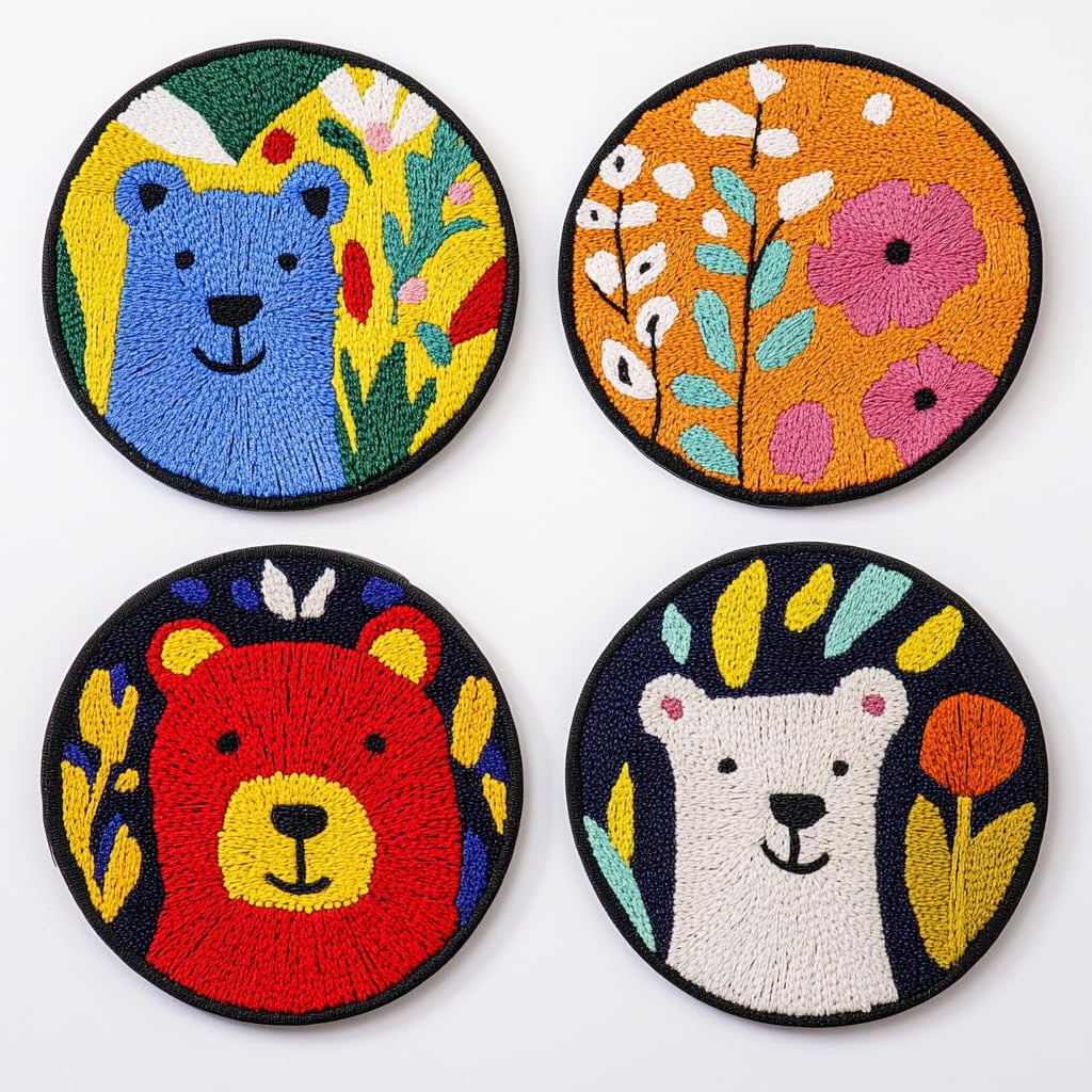 4 Set DIY Punch Needle Coaster Kits Cartoon Cute Bear Easy for Beginners with Adhesive Felt Hoop Punch Needle Embroidery Starter Set with Pattern for Drink Cups Mat Home Decor