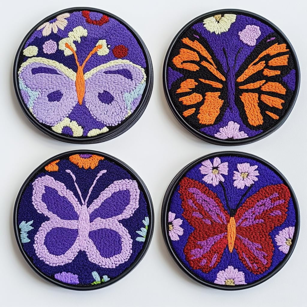 4 Set DIY Punch Needle Coaster Kits Cartoon Cute Butterflies Easy for Beginners with Adhesive Felt Hoop Punch Needle Embroidery Starter Set with Pattern for Drink Cups Mat Home Decor-11