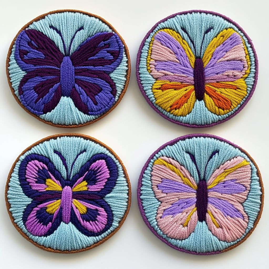 4 Set DIY Punch Needle Coaster Kits Cartoon Cute Butterflies Easy for Beginners with Adhesive Felt Hoop Punch Needle Embroidery Starter Set with Pattern for Drink Cups Mat Home Decor-20