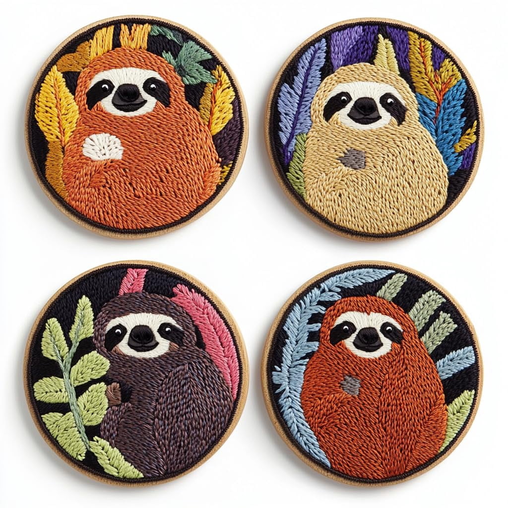 4 Set DIY Punch Needle Coaster Kits Cartoon Cute Sloth Easy for Beginners with Adhesive Felt Hoop Punch Needle Embroidery Starter Set with Pattern for Drink Cups Mat Home Decor-4