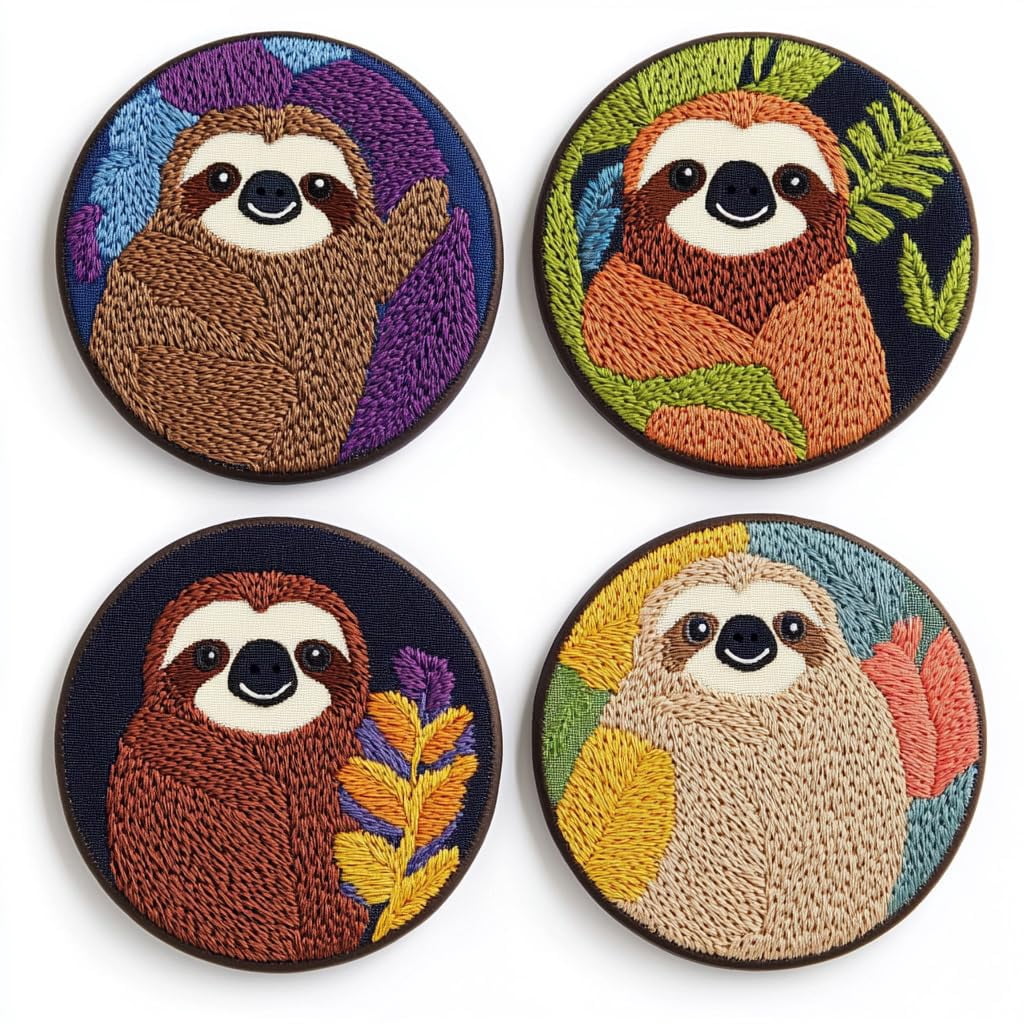 4 Set DIY Punch Needle Coaster Kits Cartoon Cute Sloth Easy for Beginners with Adhesive Felt Hoop Punch Needle Embroidery Starter Set with Pattern for Drink Cups Mat Home Decor-2