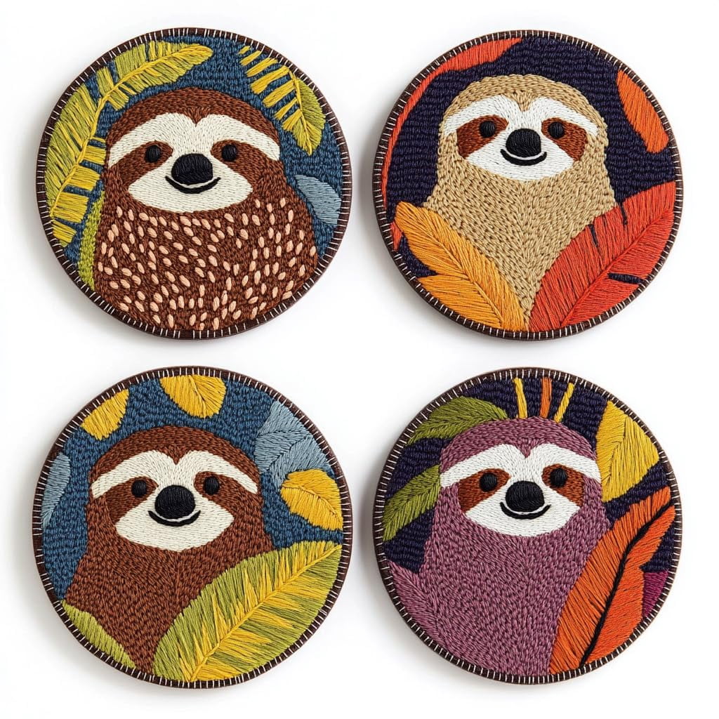 4 Set DIY Punch Needle Coaster Kits Cartoon Cute Sloth Easy for Beginners with Adhesive Felt Hoop Punch Needle Embroidery Starter Set with Pattern for Drink Cups Mat Home Decor-5