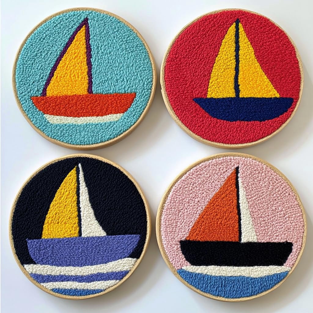 4 Set DIY Punch Needle Coaster Kits Cartoon Sailboat Easy for Beginners with Adhesive Felt Hoop Punch Needle Embroidery Starter Set with Pattern for Drink Cups Mat Home Decor-2