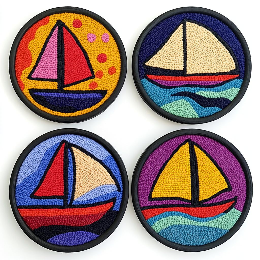 4 Set DIY Punch Needle Coaster Kits Cartoon Sailboat Easy for Beginners with Adhesive Felt Hoop Punch Needle Embroidery Starter Set with Pattern for Drink Cups Mat Home Decor-5