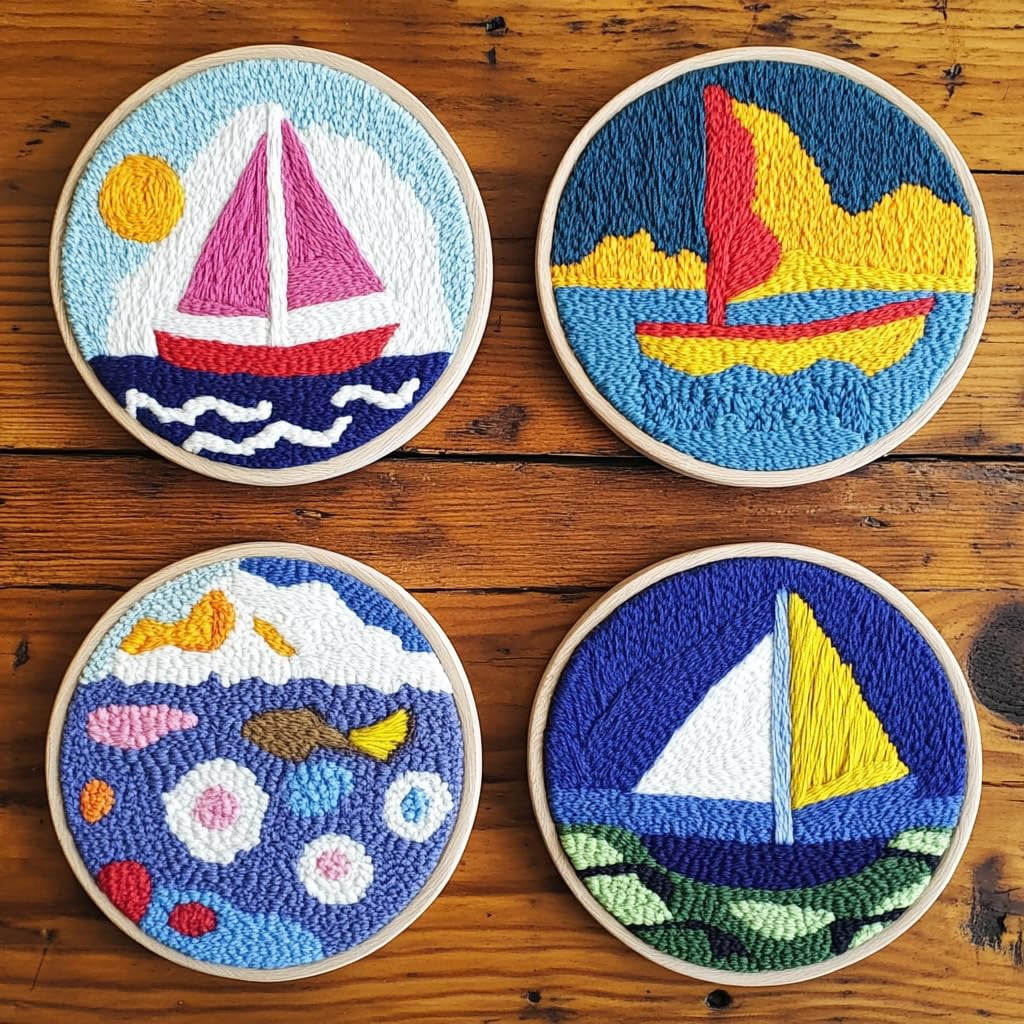 4 Set DIY Punch Needle Coaster Kits Cartoon Sailboat Easy for Beginners with Adhesive Felt Hoop Punch Needle Embroidery Starter Set with Pattern for Drink Cups Mat Home Decor-4