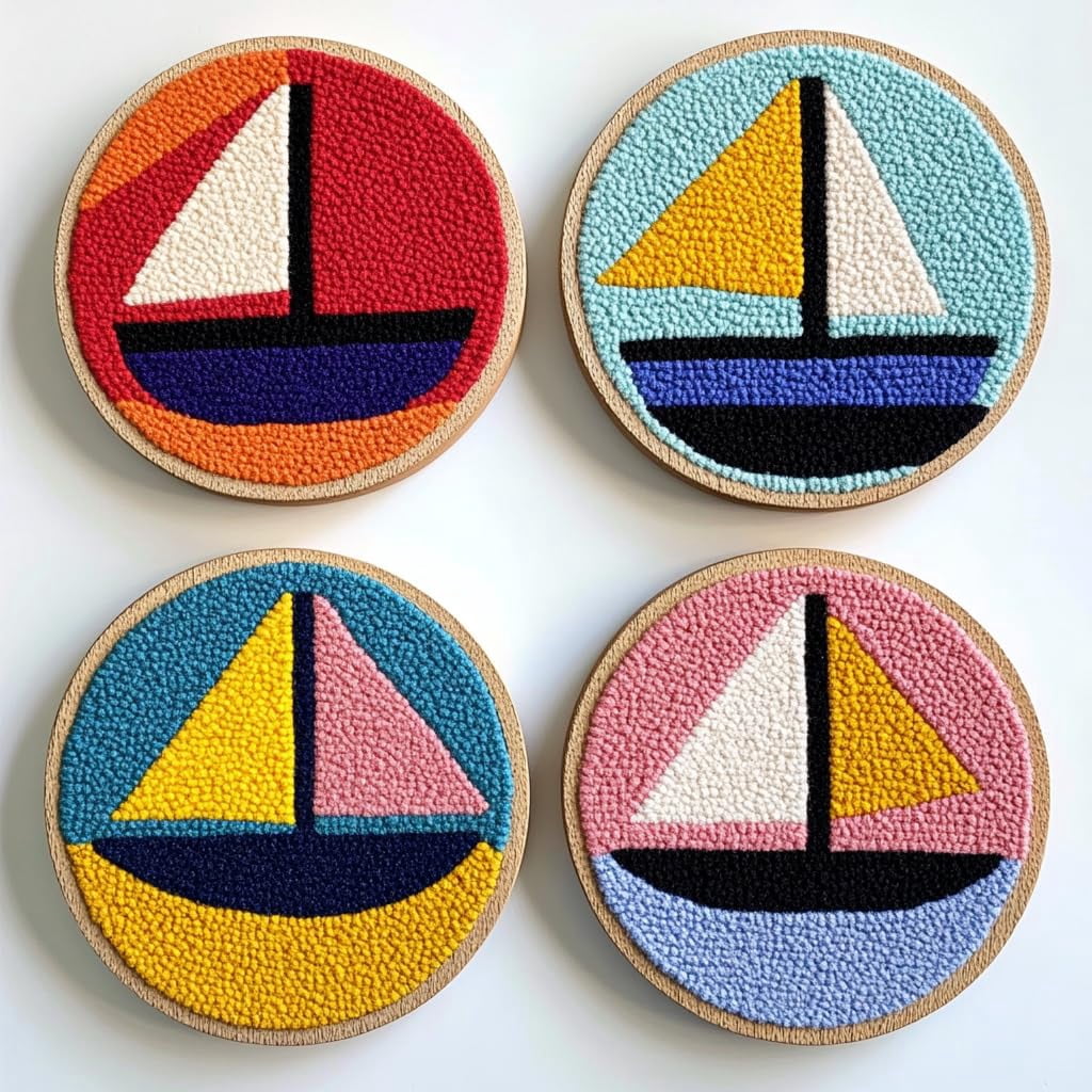 4 Set DIY Punch Needle Coaster Kits Cartoon Sailboat Easy for Beginners with Adhesive Felt Hoop Punch Needle Embroidery Starter Set with Pattern for Drink Cups Mat Home Decor-3