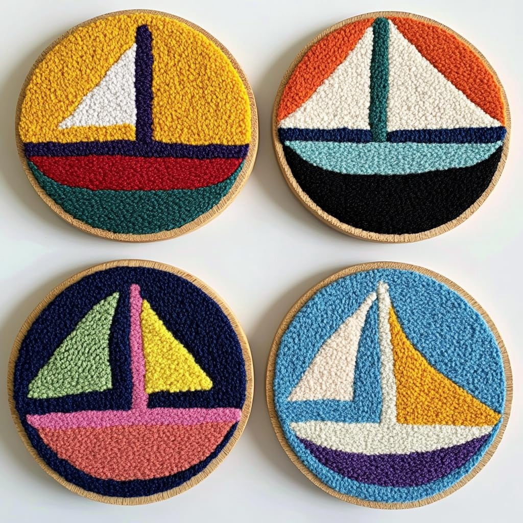 4 Set DIY Punch Needle Coaster Kits Cartoon Sailboat Easy for Beginners with Adhesive Felt Hoop Punch Needle Embroidery Starter Set with Pattern for Drink Cups Mat Home Decor-6