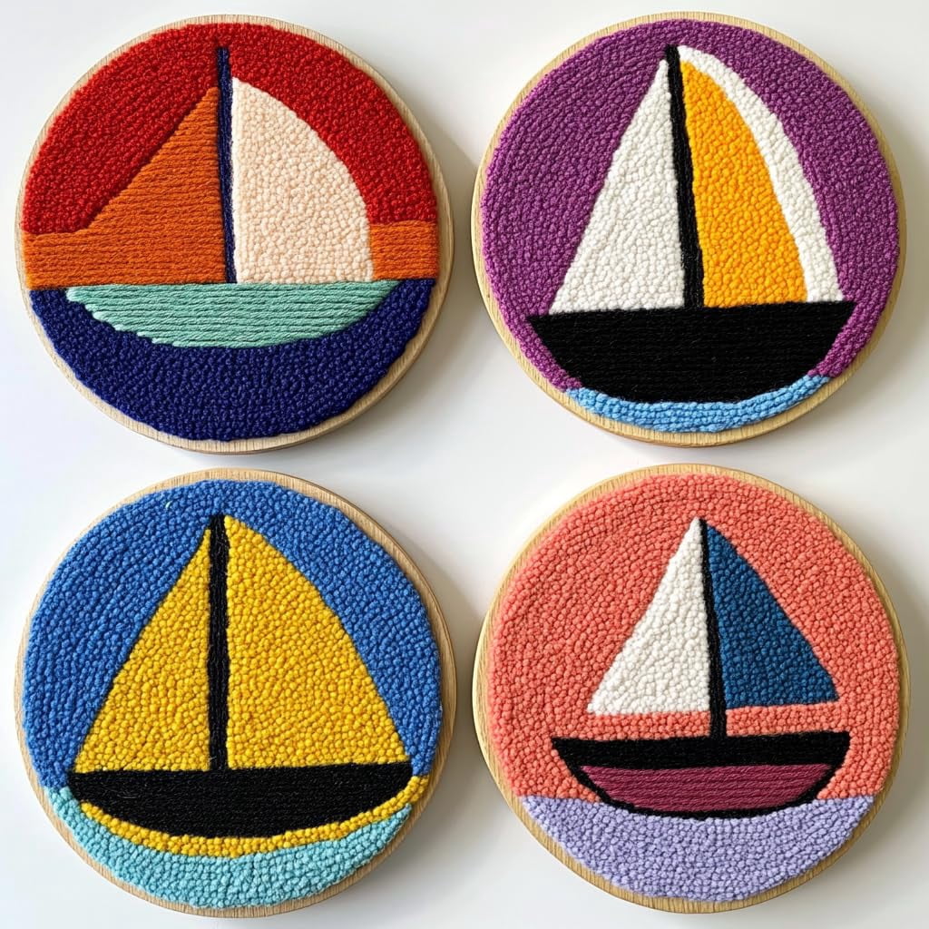 4 Set DIY Punch Needle Coaster Kits Cartoon Sailboat Easy for Beginners with Adhesive Felt Hoop Punch Needle Embroidery Starter Set with Pattern for Drink Cups Mat Home Decor-1