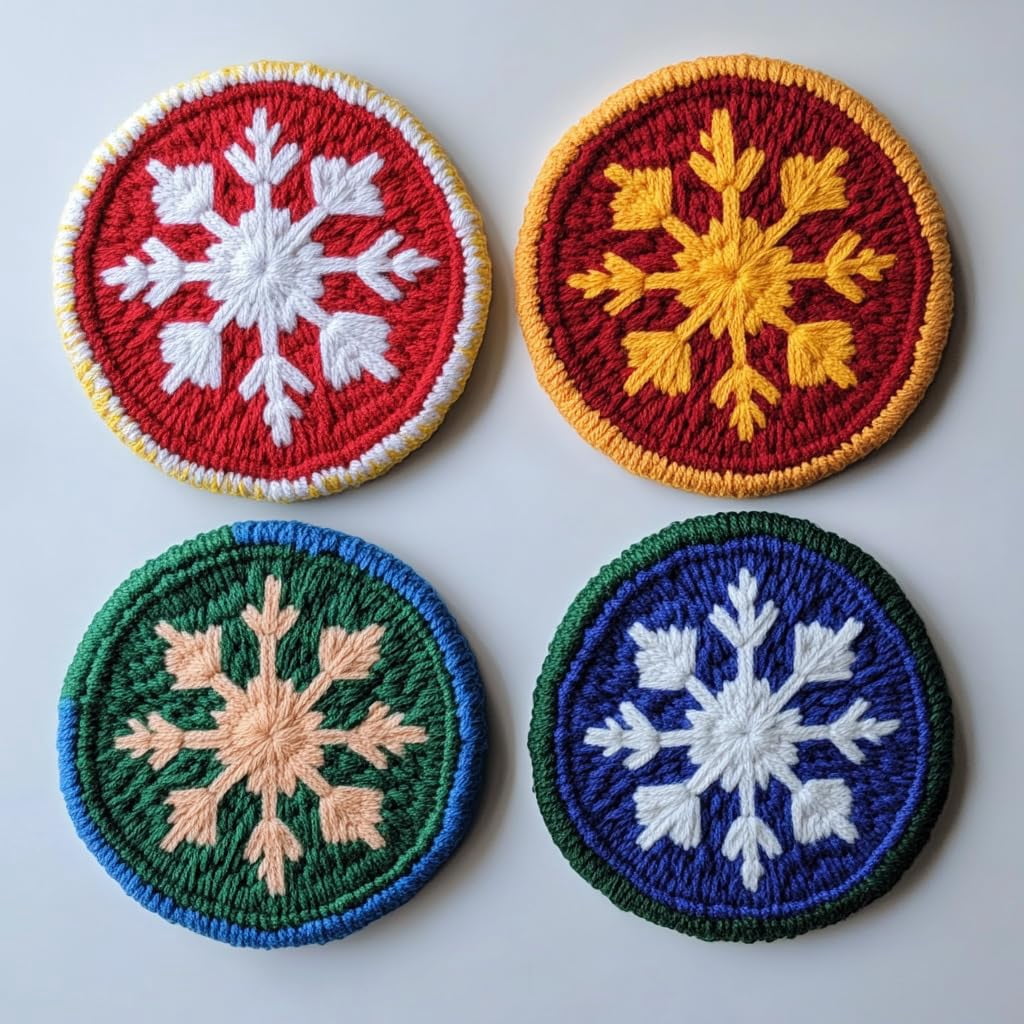 4 Set DIY Punch Needle Coaster Kits Christmas Snowflake Easy for Beginners with Adhesive Felt Hoop Punch Needle Embroidery Starter Set with Pattern for Drink Cups Mat Home Decor-3
